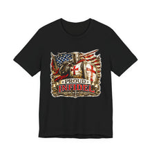 Load image into Gallery viewer, Proud Infidel Tee — American Flag & Knight Helmet Patriotic T‑Shirt