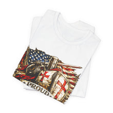 Load image into Gallery viewer, Proud Infidel Tee — American Flag & Knight Helmet Patriotic T‑Shirt
