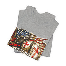 Load image into Gallery viewer, Proud Infidel Tee — American Flag & Knight Helmet Patriotic T‑Shirt
