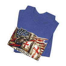 Load image into Gallery viewer, Proud Infidel Tee — American Flag & Knight Helmet Patriotic T‑Shirt