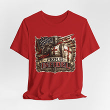 Load image into Gallery viewer, Proud Infidel Tee — American Flag & Knight Helmet Patriotic T‑Shirt