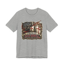 Load image into Gallery viewer, Proud Infidel Tee — American Flag & Knight Helmet Patriotic T‑Shirt