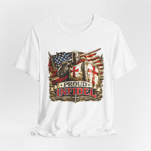 Load image into Gallery viewer, Proud Infidel Tee — American Flag & Knight Helmet Patriotic T‑Shirt