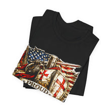 Load image into Gallery viewer, Proud Infidel Tee — American Flag & Knight Helmet Patriotic T‑Shirt
