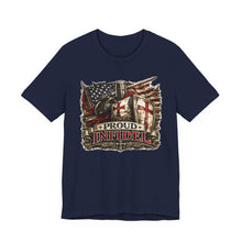 Load image into Gallery viewer, Proud Infidel Tee — American Flag & Knight Helmet Patriotic T‑Shirt