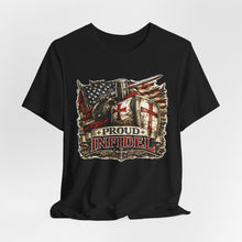 Load image into Gallery viewer, Proud Infidel Tee — American Flag & Knight Helmet Patriotic T‑Shirt