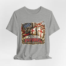 Load image into Gallery viewer, Proud Infidel Tee — American Flag & Knight Helmet Patriotic T‑Shirt