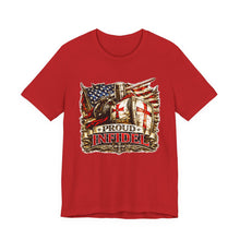 Load image into Gallery viewer, Proud Infidel Tee — American Flag & Knight Helmet Patriotic T‑Shirt
