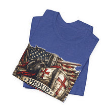 Load image into Gallery viewer, Proud Infidel Tee — American Flag & Knight Helmet Patriotic T‑Shirt