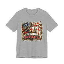Load image into Gallery viewer, Proud Infidel Tee — American Flag & Knight Helmet Patriotic T‑Shirt