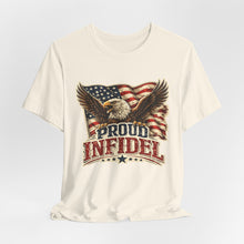 Load image into Gallery viewer, Proud Infidel - Patriotic American Flag Tee with Bald Eagle Graphic