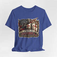Load image into Gallery viewer, Proud Infidel Tee — American Flag & Knight Helmet Patriotic T‑Shirt