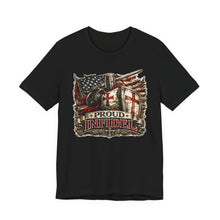 Load image into Gallery viewer, Proud Infidel Tee — American Flag & Knight Helmet Patriotic T‑Shirt