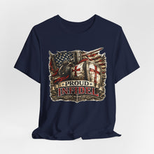 Load image into Gallery viewer, Proud Infidel Tee — American Flag & Knight Helmet Patriotic T‑Shirt