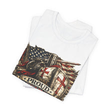 Load image into Gallery viewer, Proud Infidel Tee — American Flag & Knight Helmet Patriotic T‑Shirt