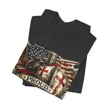 Load image into Gallery viewer, Proud Infidel Tee — American Flag & Knight Helmet Patriotic T‑Shirt