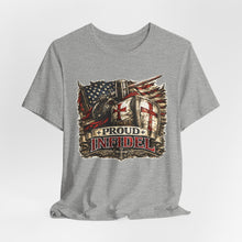 Load image into Gallery viewer, Proud Infidel Tee — American Flag &amp; Knight Helmet Patriotic T‑Shirt
