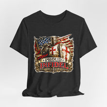 Load image into Gallery viewer, Proud Infidel Tee — American Flag &amp; Knight Helmet Patriotic T‑Shirt
