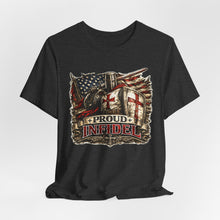 Load image into Gallery viewer, Proud Infidel Tee — American Flag &amp; Knight Helmet Patriotic T‑Shirt
