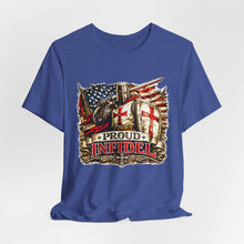Load image into Gallery viewer, Proud Infidel Tee — American Flag &amp; Knight Helmet Patriotic T‑Shirt
