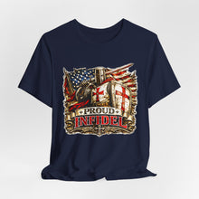 Load image into Gallery viewer, Proud Infidel Tee — American Flag &amp; Knight Helmet Patriotic T‑Shirt
