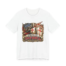 Load image into Gallery viewer, Proud Infidel Tee — American Flag &amp; Knight Helmet Patriotic T‑Shirt
