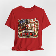 Load image into Gallery viewer, Proud Infidel Tee — American Flag &amp; Knight Helmet Patriotic T‑Shirt
