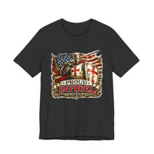 Load image into Gallery viewer, Proud Infidel Tee — American Flag &amp; Knight Helmet Patriotic T‑Shirt
