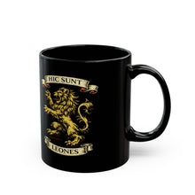 Load image into Gallery viewer, Here There Be Lions:  Rampant Lions w/ Latin Quote  Coffee Mug -- 2 Sizes
