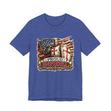 Load image into Gallery viewer, Proud Infidel Tee — American Flag &amp; Knight Helmet Patriotic T‑Shirt
