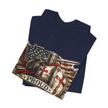 Load image into Gallery viewer, Proud Infidel Tee — American Flag &amp; Knight Helmet Patriotic T‑Shirt
