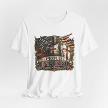 Load image into Gallery viewer, Proud Infidel Tee — American Flag &amp; Knight Helmet Patriotic T‑Shirt
