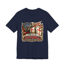 Load image into Gallery viewer, Proud Infidel Tee — American Flag &amp; Knight Helmet Patriotic T‑Shirt
