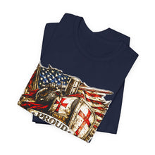 Load image into Gallery viewer, Proud Infidel Tee — American Flag &amp; Knight Helmet Patriotic T‑Shirt
