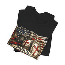 Load image into Gallery viewer, Proud Infidel Tee — American Flag &amp; Knight Helmet Patriotic T‑Shirt
